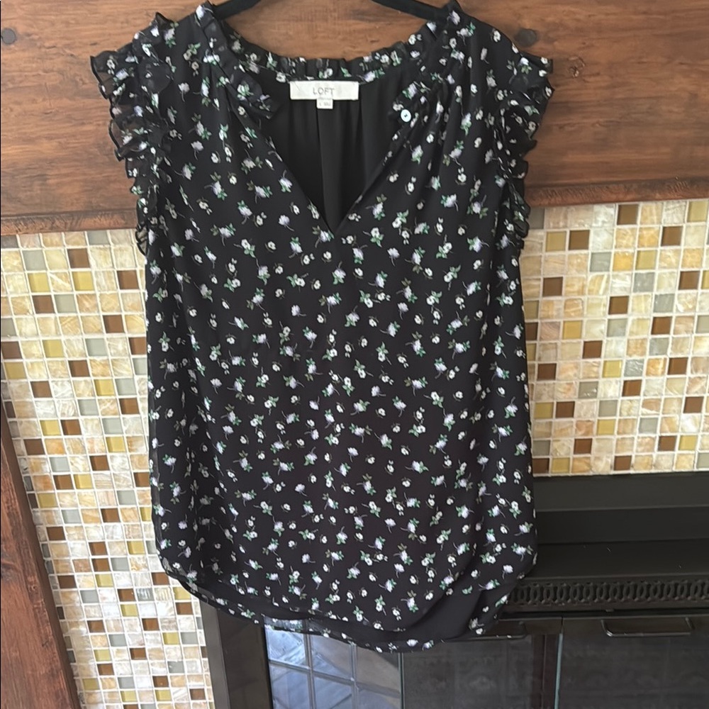 LOFT Black Ruffled Cap Sleeve Blouse